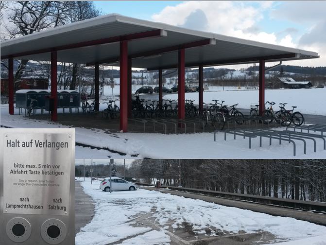 [Salzburg]Very remote rural request-stop at Anthering has a superb covered bicycle park used by 15 bicycles but there's only one car parked. Passengers press a button to request a train to stop no more than five minutes in advance