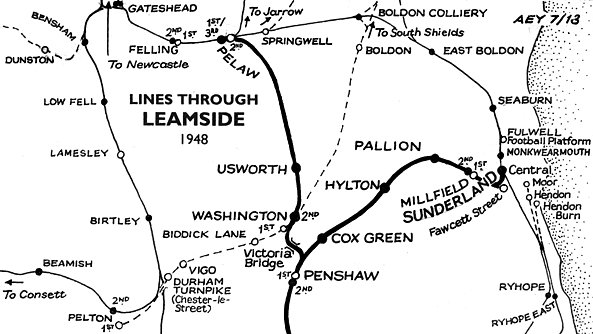 Leamside line northern section showing routes to Washington in 1948