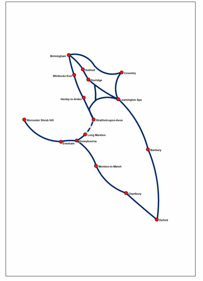 Network diagram of Stratford-Honeybourne in regional context