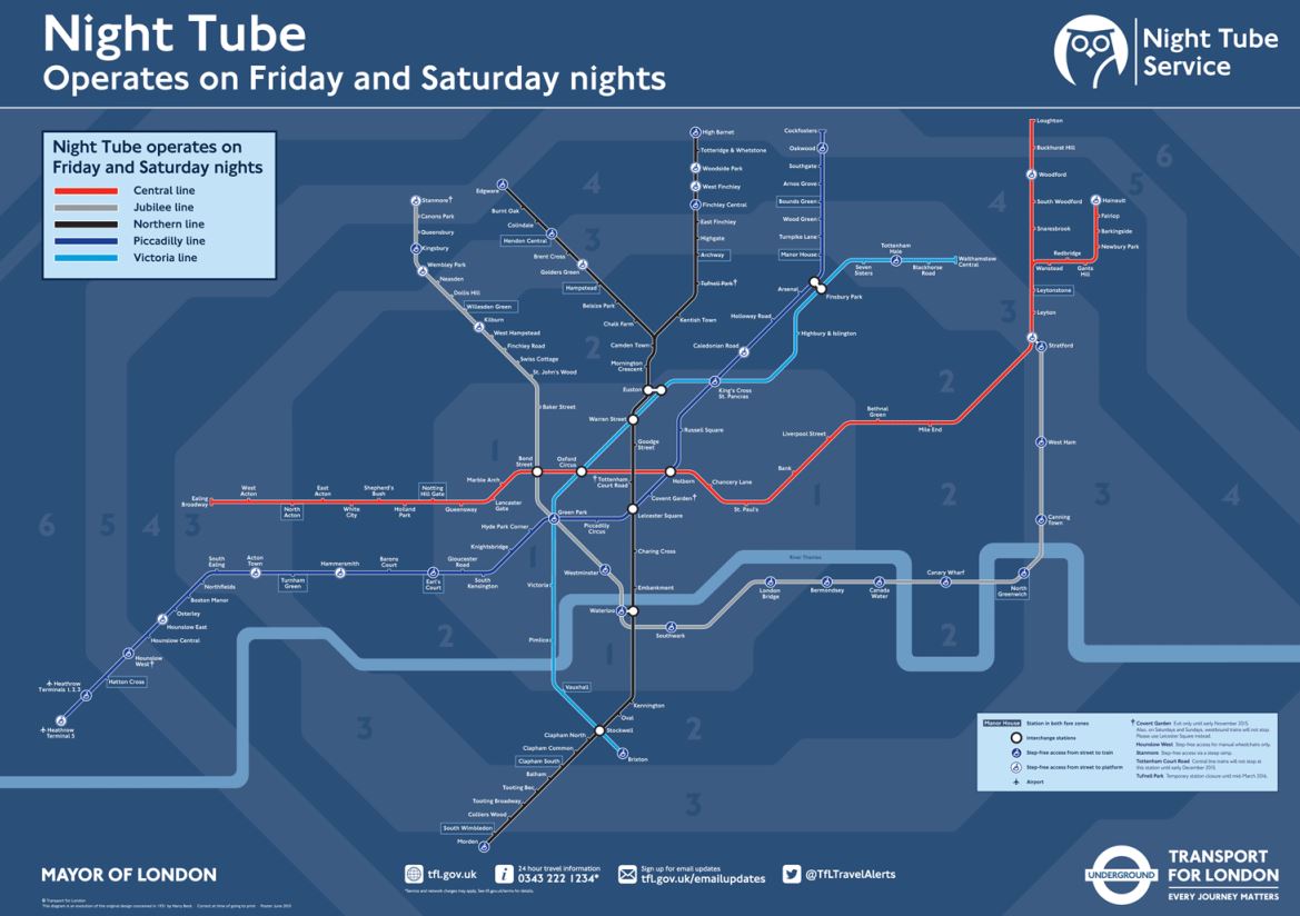 A map from Transport for London showing the lines that would be part of the first phase of the Night Tube