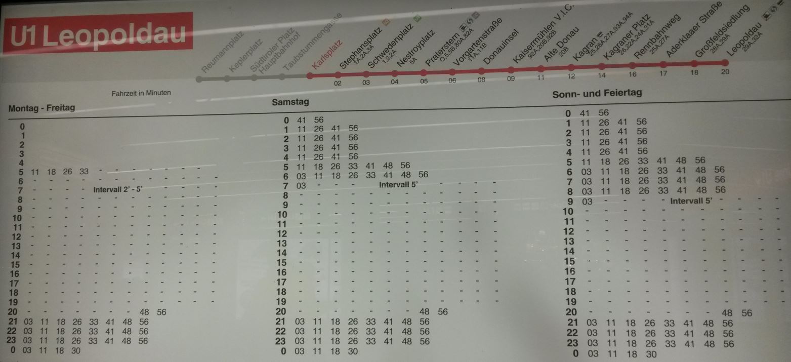 Timetable at a U-Bahn station in Vienna showing four trains an hour running between 01:00 and 05:00 on Saturday and Sunday mornings, having been introduced in 2010. This is less than the planned six trains an hour in London but it is city four times bigger